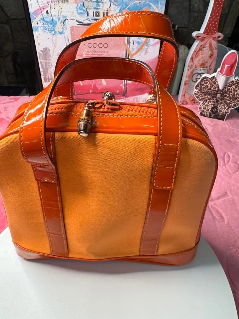 Gucci Coral Canvas & Orange Patent Leather TopZip Satchel/Crossbody Bamboo Pulls